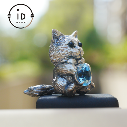 Playful Cat Pendant Necklace | 925 Sterling Silver with Blue Topaz & Agate | Handmade Animal Jewelry Gift for Cat Lovers