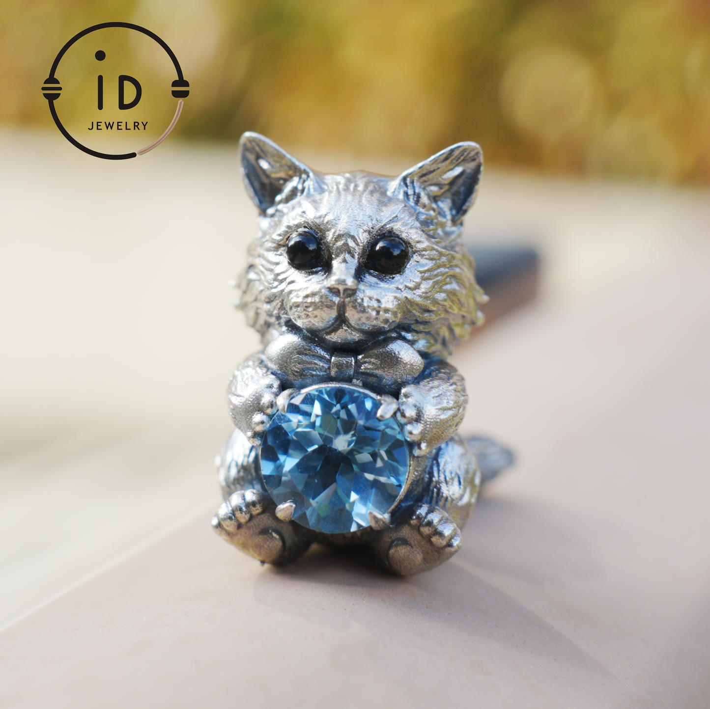 Playful Cat Pendant Necklace | 925 Sterling Silver with Blue Topaz & Agate | Handmade Animal Jewelry Gift for Cat Lovers