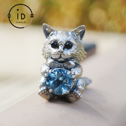 Playful Cat Pendant Necklace | 925 Sterling Silver with Blue Topaz & Agate | Handmade Animal Jewelry Gift for Cat Lovers