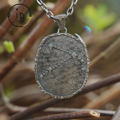 Aries Medallion Pendant | Irregular “Meteorite” Frame | Blue Enamel Starry Sheen | Orange Zirconia Center | Handmade Silver Jewelry