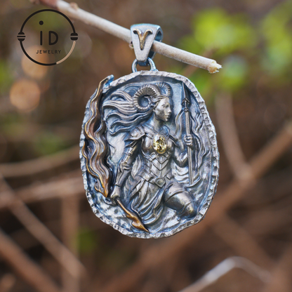 Aries Medallion Pendant | Irregular “Meteorite” Frame | Blue Enamel Starry Sheen | Orange Zirconia Center | Handmade Silver Jewelry