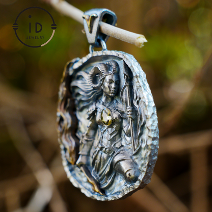 Aries Medallion Pendant | Irregular “Meteorite” Frame | Blue Enamel Starry Sheen | Orange Zirconia Center | Handmade Silver Jewelry