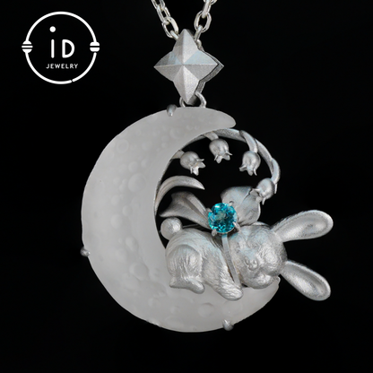Blue Topaz Bunny and Moon Pendant in 925 Sterling Silver, Fairytale Animal Necklace for Women, Gift for Her Birthday or Mother's Day