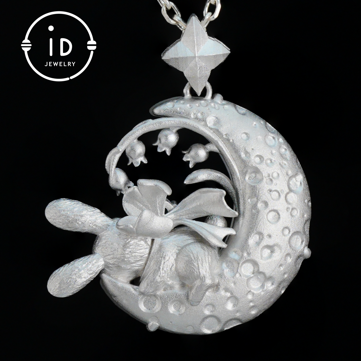 Blue Topaz Bunny and Moon Pendant in 925 Sterling Silver, Fairytale Animal Necklace for Women, Gift for Her Birthday or Mother's Day