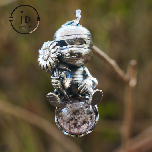 Gothic Mummy Pendant Necklace | 925 Sterling Silver with Phantom Quartz Sphere | Handmade Halloween Protection Talisman Gift for Her