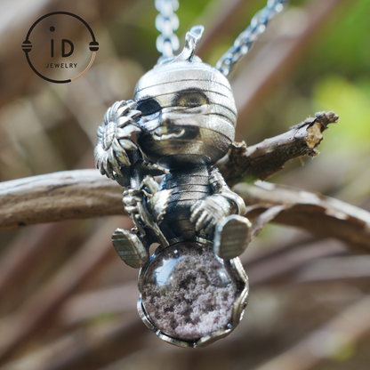Gothic Mummy Pendant Necklace | 925 Sterling Silver with Phantom Quartz Sphere | Handmade Halloween Protection Talisman Gift for Her