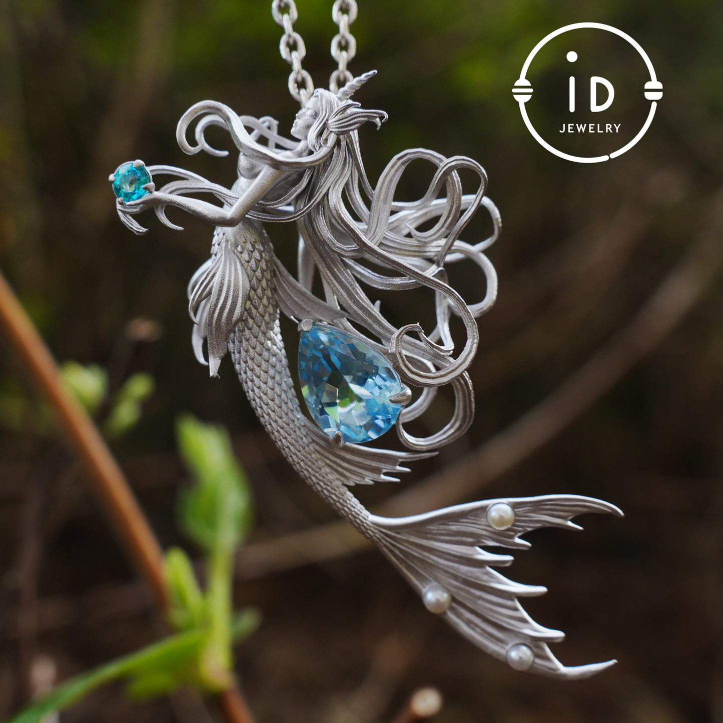 Handmade Mermaid Pendant Necklace | 925 Sterling Silver with Blue Topaz, Zircon & Freshwater Pearls | Fairytale Ocean Jewelry Gift for Her