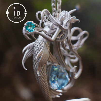 Handmade Mermaid Pendant Necklace | 925 Sterling Silver with Blue Topaz, Zircon & Freshwater Pearls | Fairytale Ocean Jewelry Gift for Her
