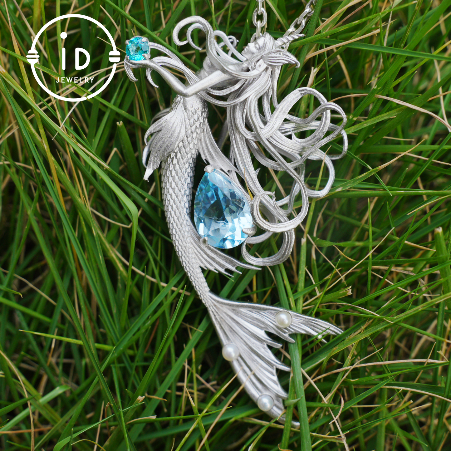 Handmade Mermaid Pendant Necklace | 925 Sterling Silver with Blue Topaz, Zircon & Freshwater Pearls | Fairytale Ocean Jewelry Gift for Her