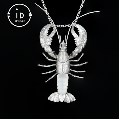 Silver Lobster Pendant with White Quartz, Vintage Totem Necklace in Oxidized 925 Silver, Statement Animal Jewelry Gift for Her or Him