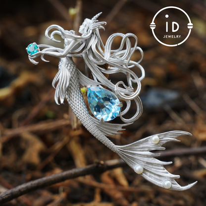 Handmade Mermaid Pendant Necklace | 925 Sterling Silver with Blue Topaz, Zircon & Freshwater Pearls | Fairytale Ocean Jewelry Gift for Her
