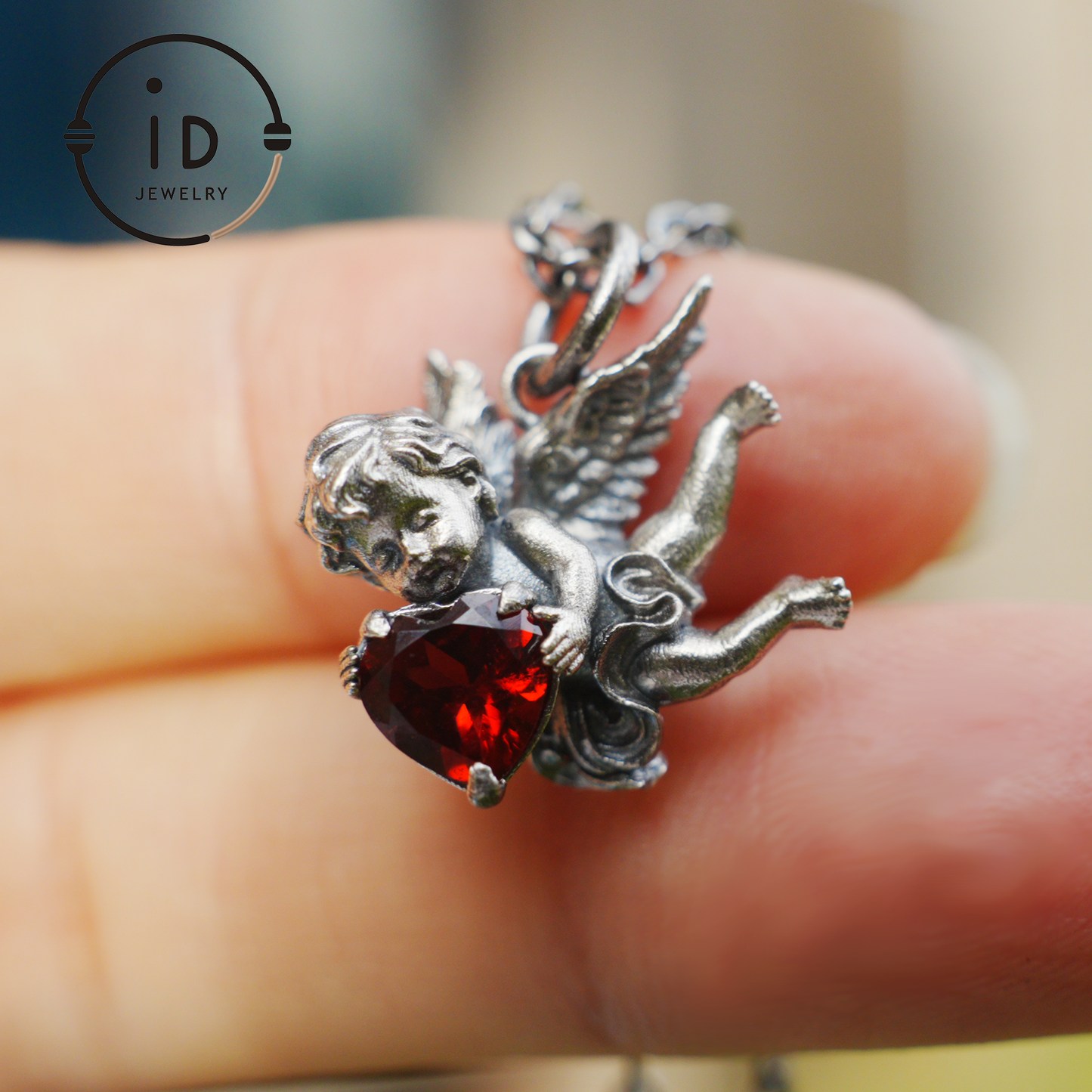 Angel Heart Pendant Necklace | 925 Sterling Silver with Garnet Gemstone | Handmade Romantic Jewelry Gift for Her Valentine