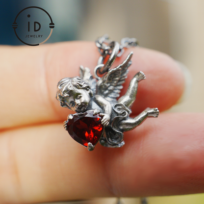 Angel Heart Pendant Necklace | 925 Sterling Silver with Garnet Gemstone | Handmade Romantic Jewelry Gift for Her Valentine