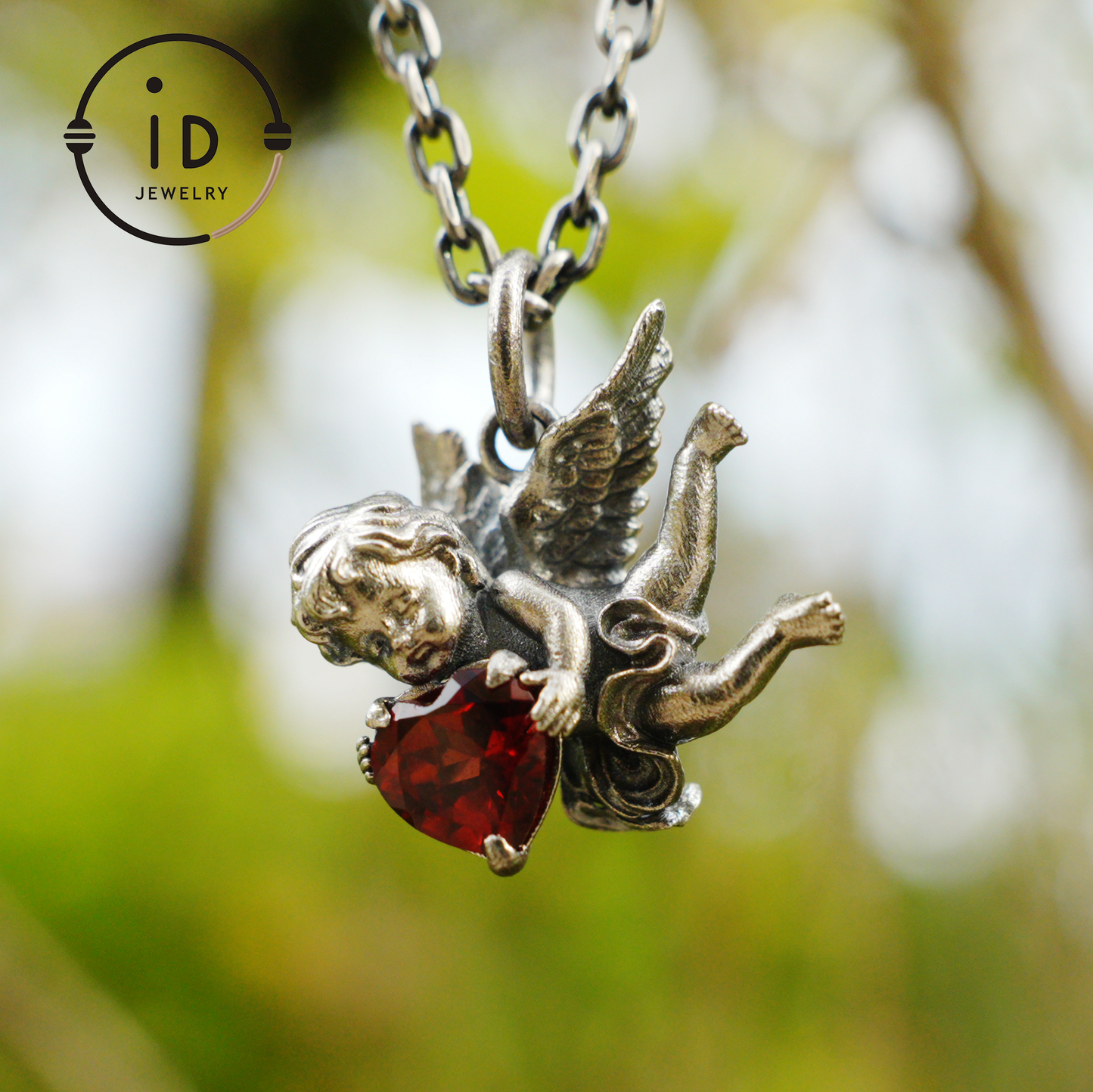 Angel Heart Pendant Necklace | 925 Sterling Silver with Garnet Gemstone | Handmade Romantic Jewelry Gift for Her Valentine