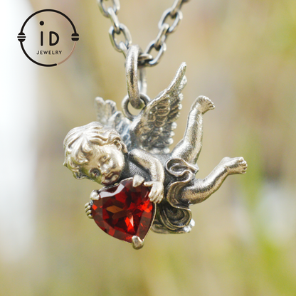 Angel Heart Pendant Necklace | 925 Sterling Silver with Garnet Gemstone | Handmade Romantic Jewelry Gift for Her Valentine