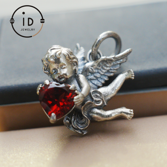 Angel Heart Pendant Necklace | 925 Sterling Silver with Garnet Gemstone | Handmade Romantic Jewelry Gift for Her Valentine
