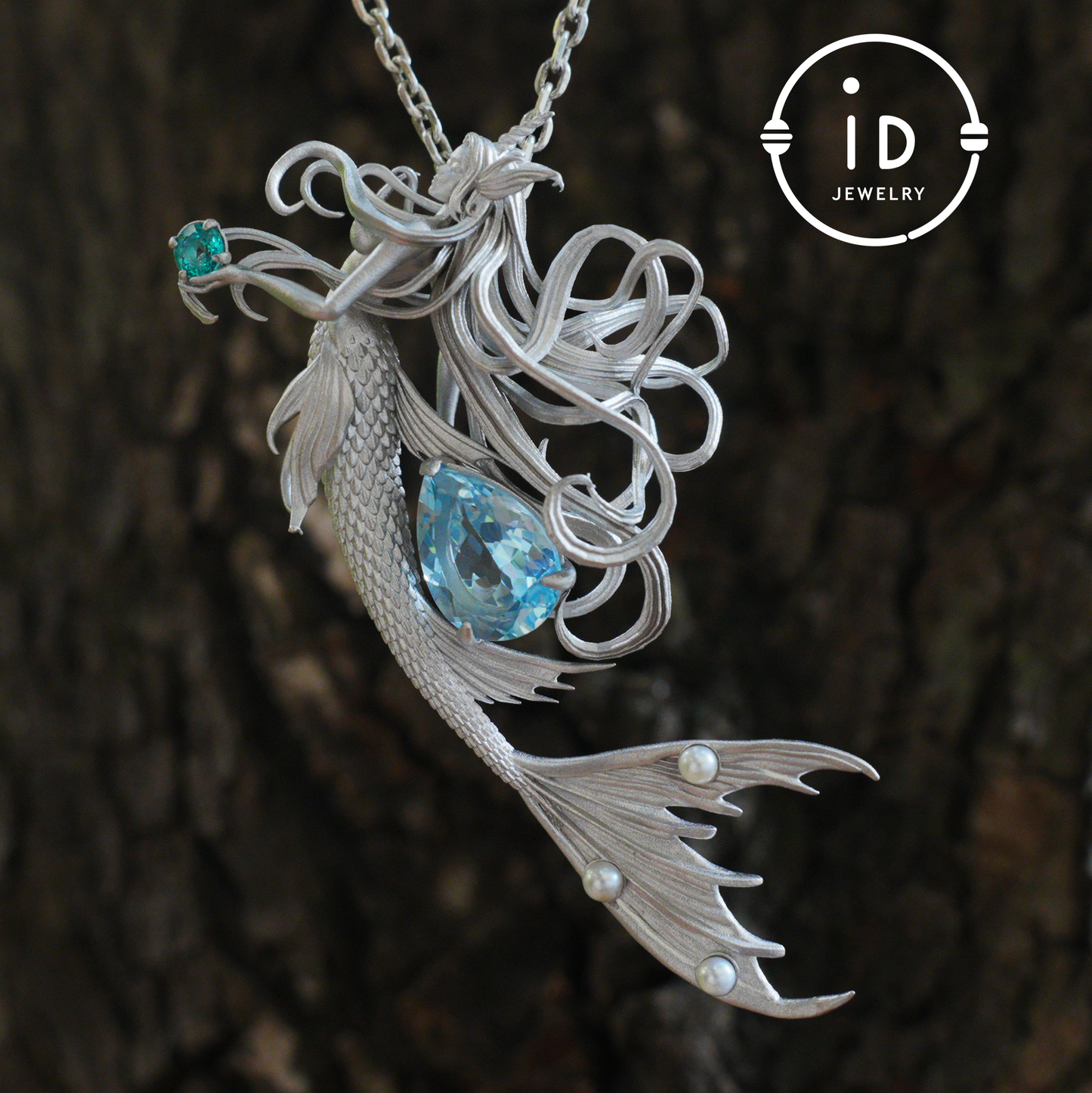 Handmade Mermaid Pendant Necklace | 925 Sterling Silver with Blue Topaz, Zircon & Freshwater Pearls | Fairytale Ocean Jewelry Gift for Her