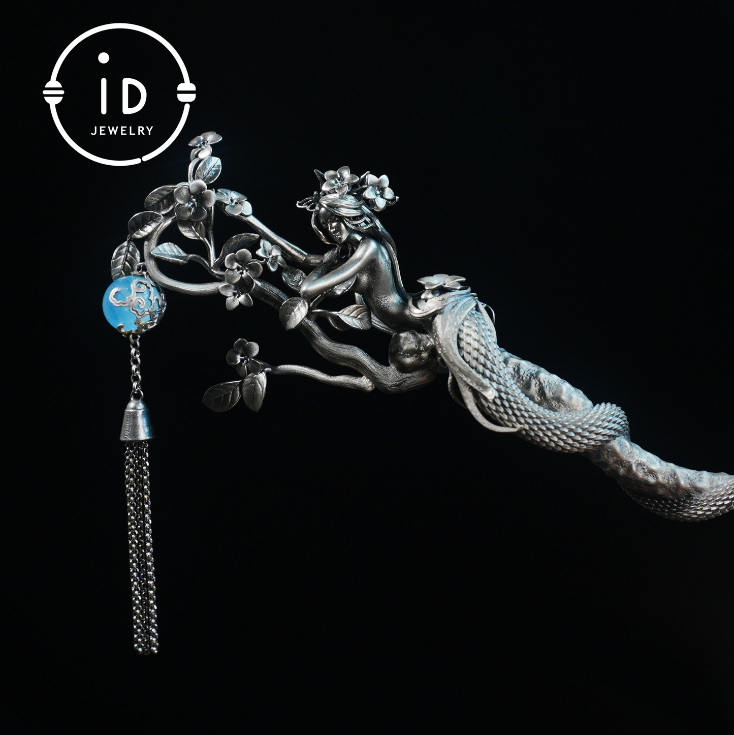 S925 Silver Snake Hair Stick with Blue Gemstone, Oxidized Floral Hairpin Symbolizing Wisdom and Rebirth, Mythical Gift for Her