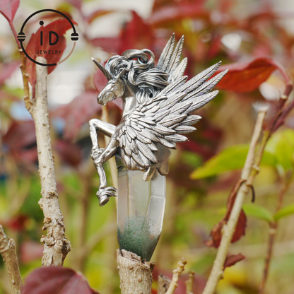 925 Silver Unicorn Pendant with Wings, Natural Crystal, Mystical Fantasy Jewelry, Gift for Her, Birthday Gift, Unique Silver Necklace