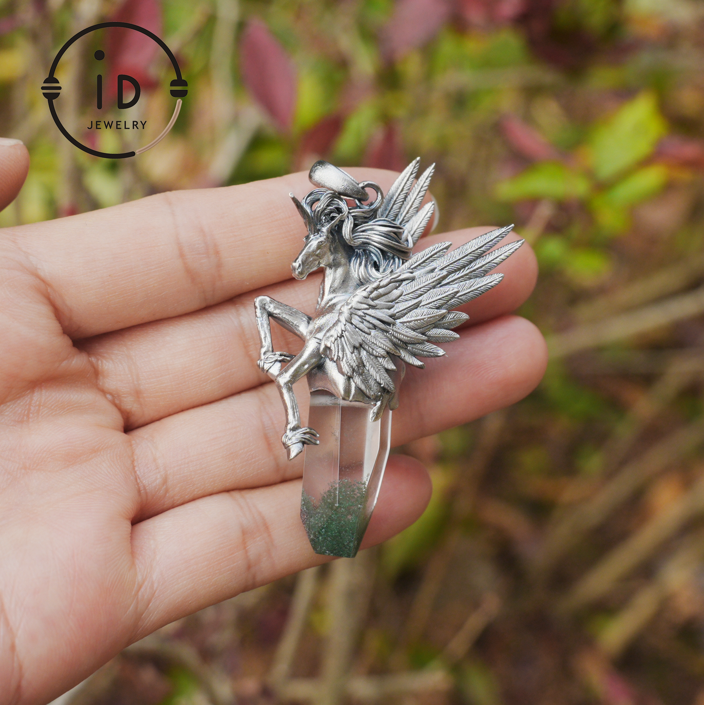 925 Silver Unicorn Pendant with Wings, Natural Crystal, Mystical Fantasy Jewelry, Gift for Her, Birthday Gift, Unique Silver Necklace
