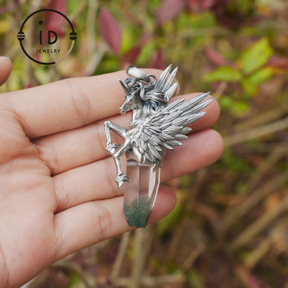 925 Silver Unicorn Pendant with Wings, Natural Crystal, Mystical Fantasy Jewelry, Gift for Her, Birthday Gift, Unique Silver Necklace