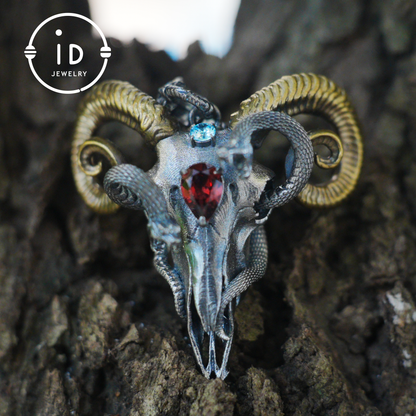 Gothic Ram Skull Pendant Necklace | 925 Silver & Copper Handmade Jewelry with Garnet and Topaz | Symbolic Talisman for Transformation & Strength