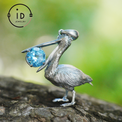 Pelican Pendant Necklace | 925 Sterling Silver with Blue Topaz | Handmade Animal Jewelry Gift for Nature Lovers