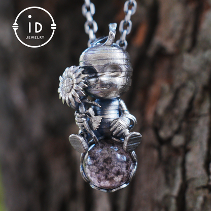 Gothic Mummy Pendant Necklace | 925 Sterling Silver with Phantom Quartz Sphere | Handmade Halloween Protection Talisman Gift for Her