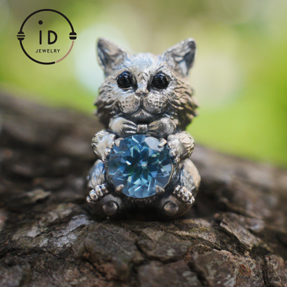 Playful Cat Pendant Necklace | 925 Sterling Silver with Blue Topaz & Agate | Handmade Animal Jewelry Gift for Cat Lovers