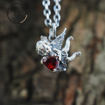 Angel Heart Pendant Necklace | 925 Sterling Silver with Garnet Gemstone | Handmade Romantic Jewelry Gift for Her Valentine