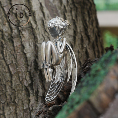 S925 Silver Elf Pendant Necklace with White Crystal, Gothic Vintage Fairy Tale Jewelry Fantasy Talisman Amulet Gift for Her Birthday or Yule