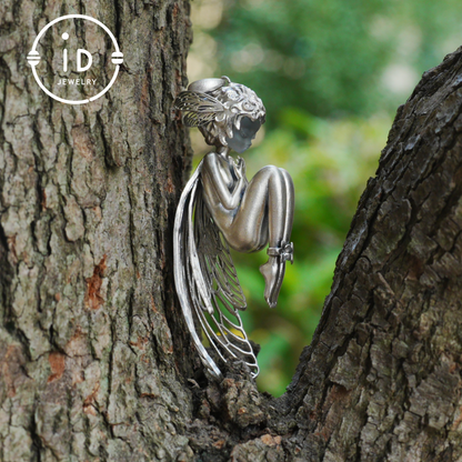 S925 Silver Elf Pendant Necklace with White Crystal, Gothic Vintage Fairy Tale Jewelry Fantasy Talisman Amulet Gift for Her Birthday or Yule