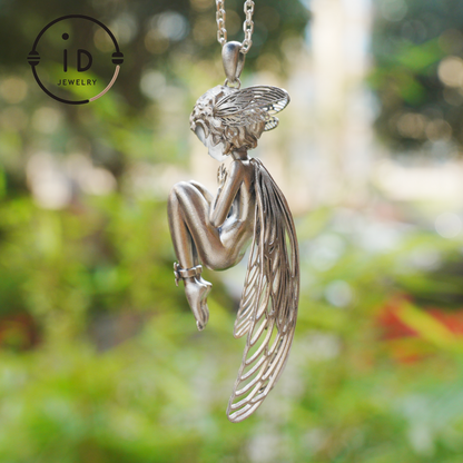 S925 Silver Elf Pendant Necklace with White Crystal, Gothic Vintage Fairy Tale Jewelry Fantasy Talisman Amulet Gift for Her Birthday or Yule