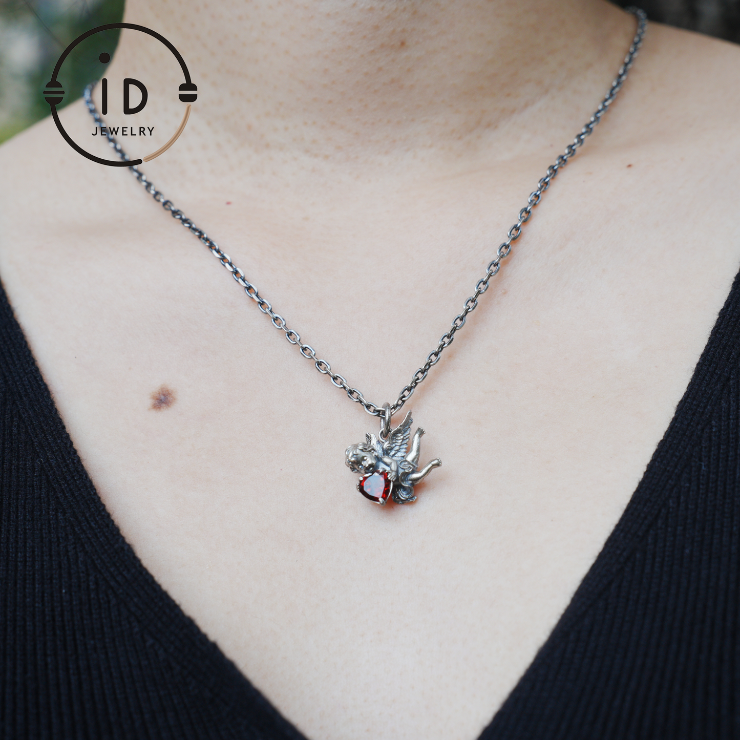 Angel Heart Pendant Necklace | 925 Sterling Silver with Garnet Gemstone | Handmade Romantic Jewelry Gift for Her Valentine