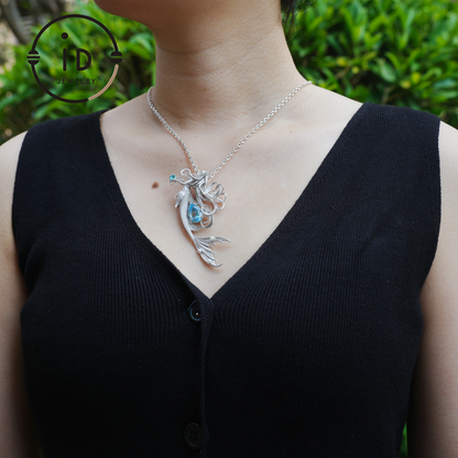 Handmade Mermaid Pendant Necklace | 925 Sterling Silver with Blue Topaz, Zircon & Freshwater Pearls | Fairytale Ocean Jewelry Gift for Her