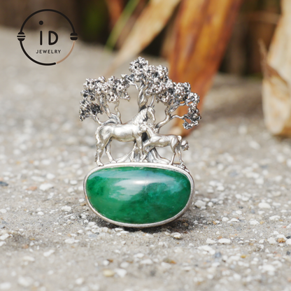 S925 Sterling Silver Pendant with Mare and Foal on African Green Stone, Fairy Talisman Necklace Vintage Gift for Her Birthday