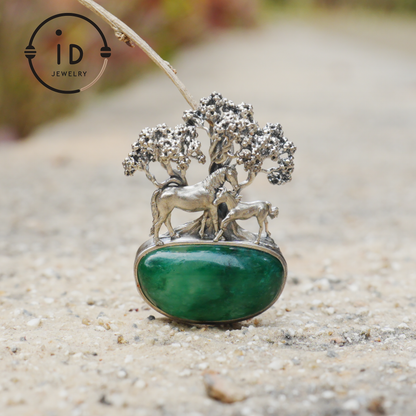 S925 Sterling Silver Pendant with Mare and Foal on African Green Stone, Fairy Talisman Necklace Vintage Gift for Her Birthday