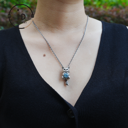 Playful Cat Pendant Necklace | 925 Sterling Silver with Blue Topaz & Agate | Handmade Animal Jewelry Gift for Cat Lovers