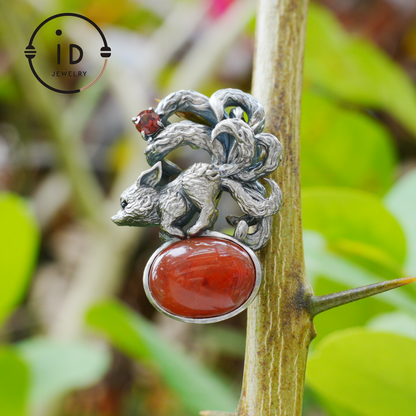 Red Agate Garnet Fox Pendant in Oxidized 925 Silver Necklace Gothic Totem Jewelry Mystic Animal Talisman Gift for Her Birthday or Christmas