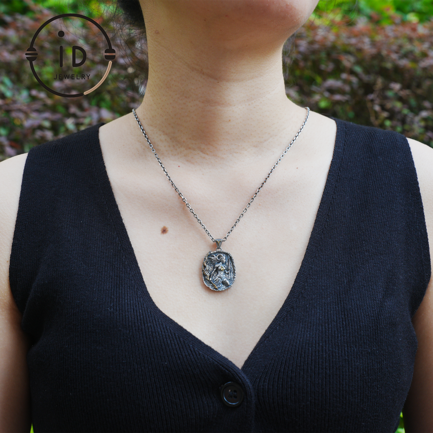 Aries Medallion Pendant | Irregular “Meteorite” Frame | Blue Enamel Starry Sheen | Orange Zirconia Center | Handmade Silver Jewelry
