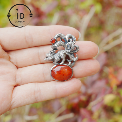 Red Agate Garnet Fox Pendant in Oxidized 925 Silver Necklace Gothic Totem Jewelry Mystic Animal Talisman Gift for Her Birthday or Christmas