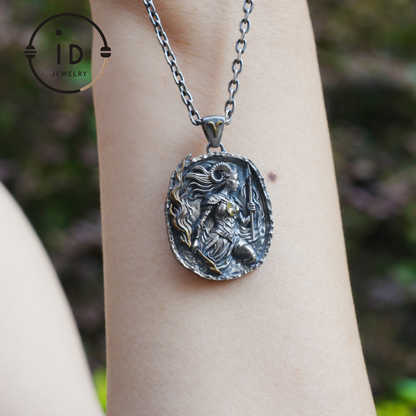 Aries Medallion Pendant | Irregular “Meteorite” Frame | Blue Enamel Starry Sheen | Orange Zirconia Center | Handmade Silver Jewelry