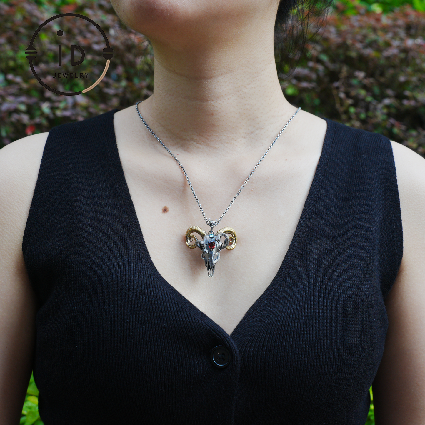 Gothic Ram Skull Pendant Necklace | 925 Silver & Copper Handmade Jewelry with Garnet and Topaz | Symbolic Talisman for Transformation & Strength