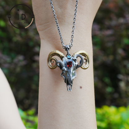 Gothic Ram Skull Pendant Necklace | 925 Silver & Copper Handmade Jewelry with Garnet and Topaz | Symbolic Talisman for Transformation & Strength
