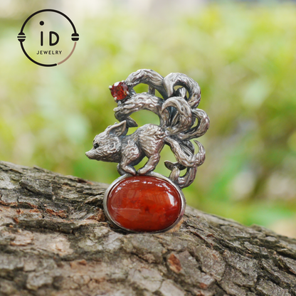 Red Agate Garnet Fox Pendant in Oxidized 925 Silver Necklace Gothic Totem Jewelry Mystic Animal Talisman Gift for Her Birthday or Christmas