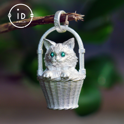 Handcrafted 925 Silver Kitten Pendant Necklace | Green-Eyed Cat Guardian | Lucky & Comfort Talisman Jewelry | Gift for Cat Lovers