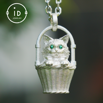Handcrafted 925 Silver Kitten Pendant Necklace | Green-Eyed Cat Guardian | Lucky & Comfort Talisman Jewelry | Gift for Cat Lovers