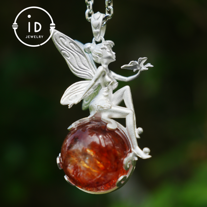 Fairy Pendant Necklace in 925 Sterling Silver with Moss Quartz | Handmade Fantasy Jewelry with Nature Spirit Elf Design | Mystical Keepsake Gift for Adults