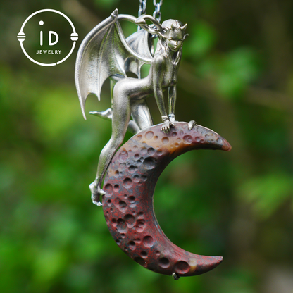 Hand-Carved 925 Silver Succubus Pendant | Blood Moon & Bloodstone Crescent | Winged Demon Gothic Protection Talisman | Perfect Gothic Gift