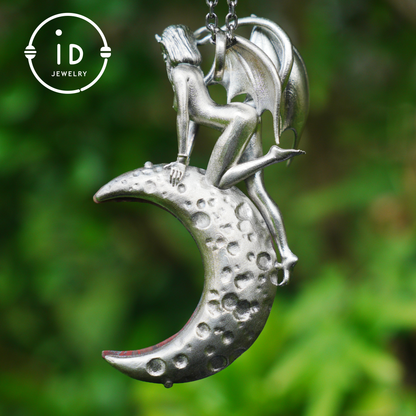 Hand-Carved 925 Silver Succubus Pendant | Blood Moon & Bloodstone Crescent | Winged Demon Gothic Protection Talisman | Perfect Gothic Gift